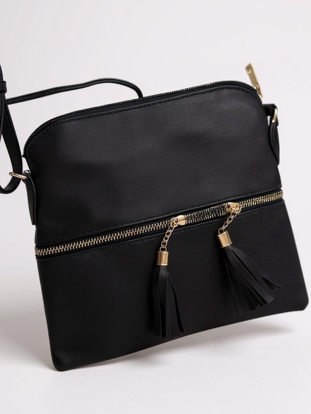Classic Black Crossbody Bag with Tassel Zipper